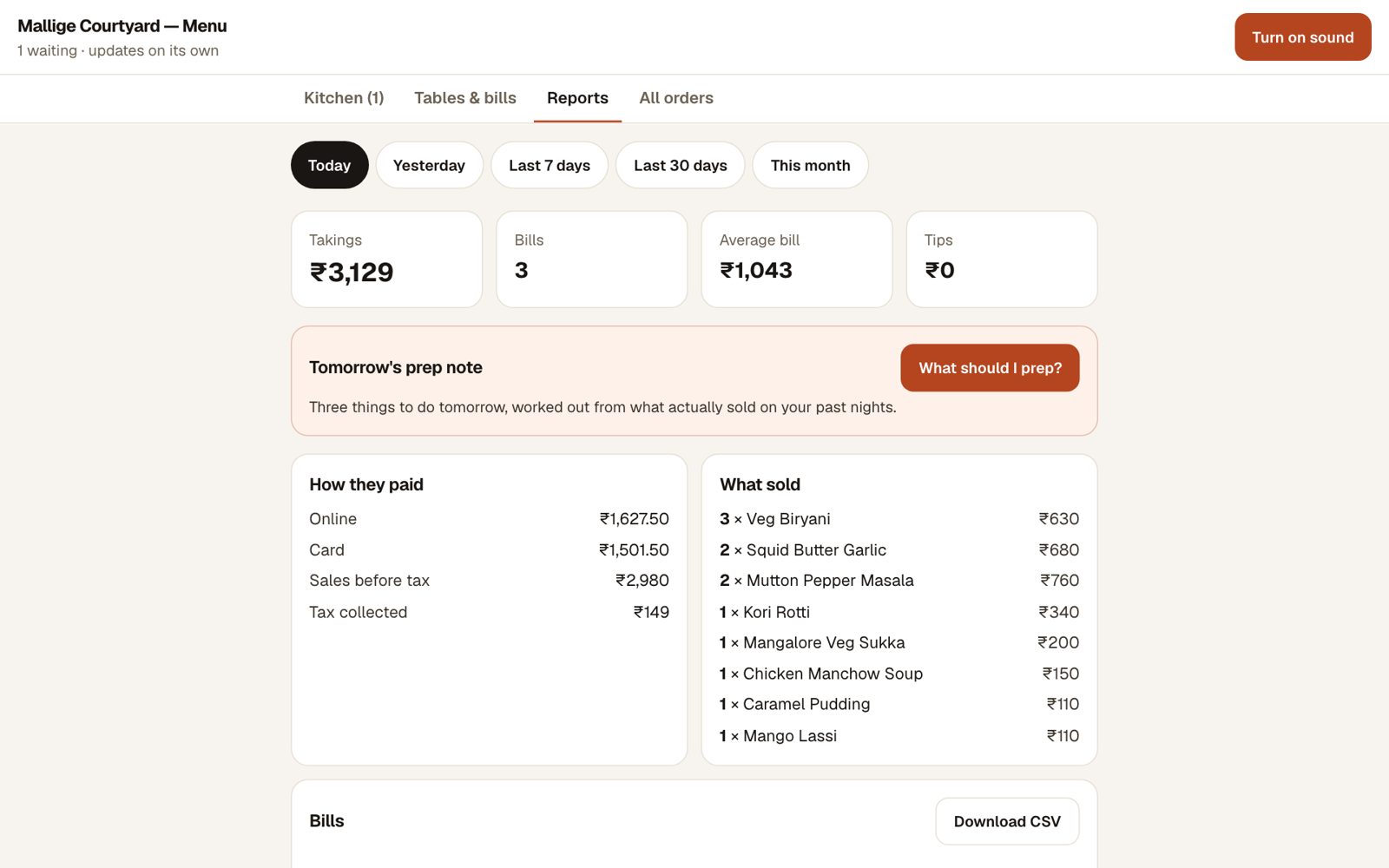 Counter screen with reports: takings, how guests paid, what sold