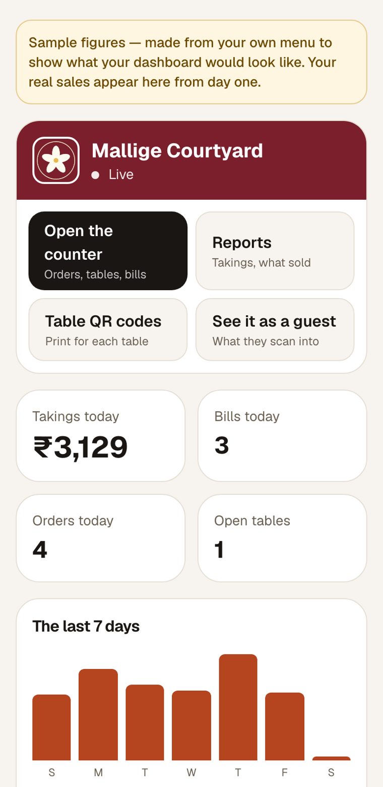 Owner's dashboard with today's takings and the last 7 days